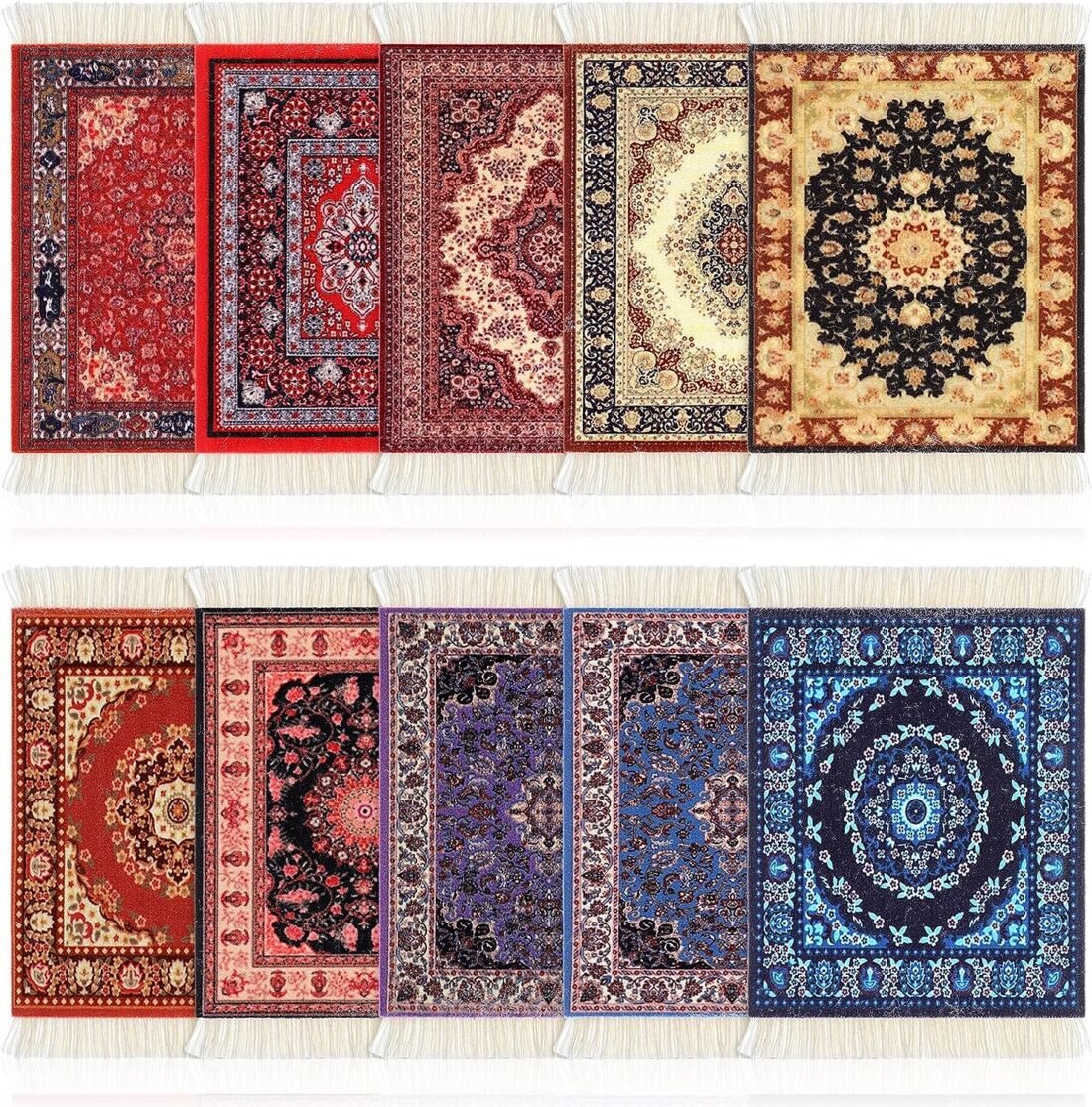 reboun 10 Pieces Carpet Coasters Rug Table Coasters Oriental Table Drink Holders Vintage Coasters Oriental Design Fabric Carpet Drink Mats for Coffee Table Desk Mug Kitchen Bar Decor, 10 Mix Colors