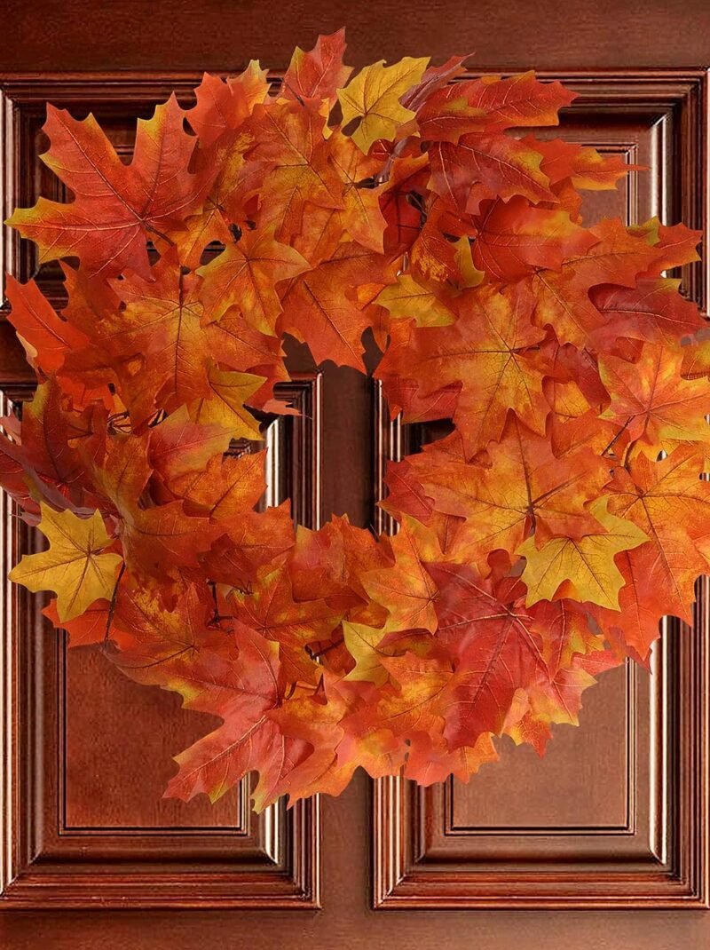 Multi-Colored Maple Leaf Wreath | Lifelike Silk Leaves | Easy Hanging Loop | Indoor/Outdoor Use | Perfect for Home & Office Decor (24" Wide)