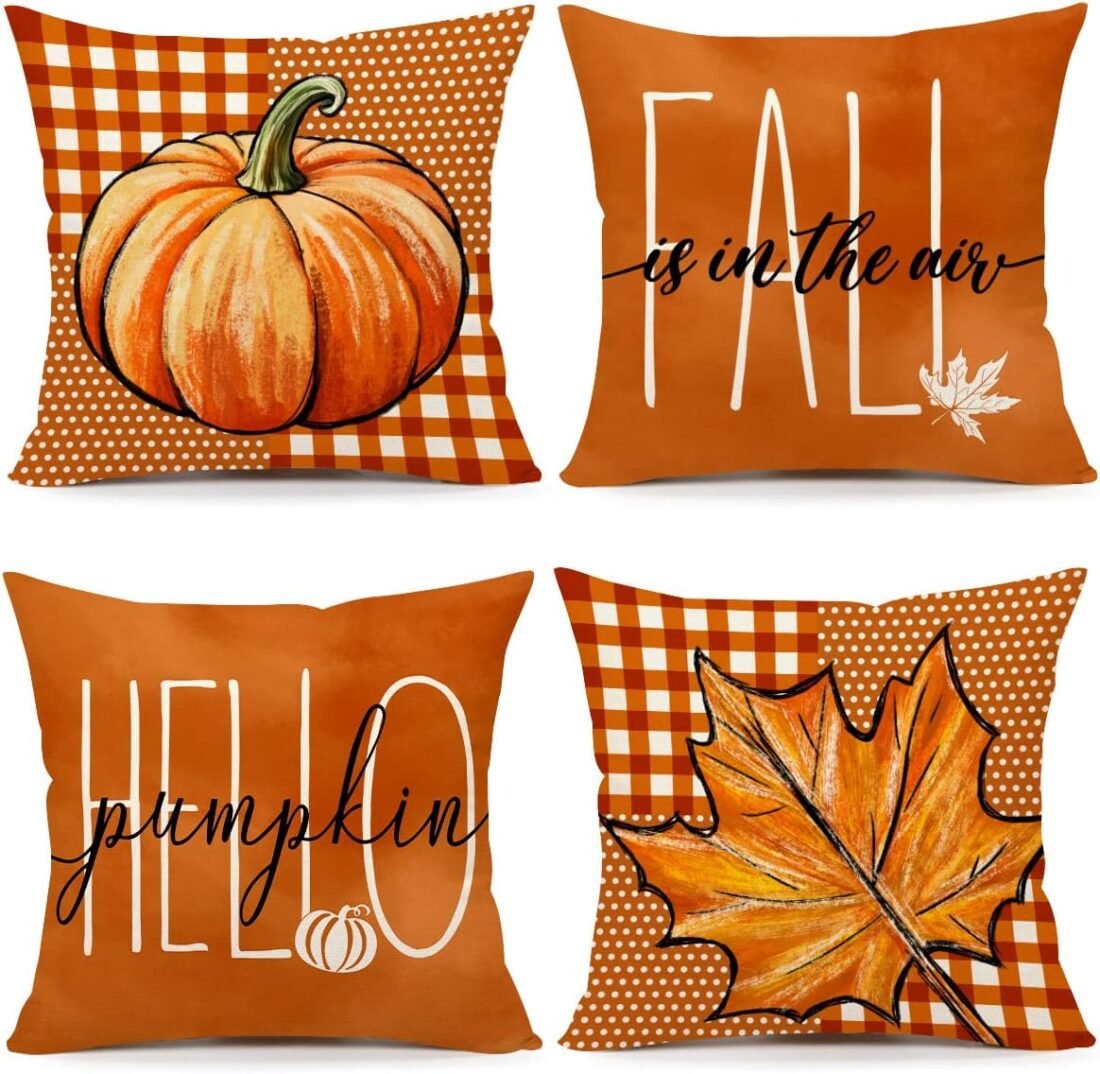 4TH Emotion Fall Decor Pillow Covers 18x18 Set of 4 Thanksgiving Buffalo Check Farmhouse Decorations Dot Orange Pumpkin Maple Leaves Outdoor Decorative Throw Cushion Case for Home Couch S23F17