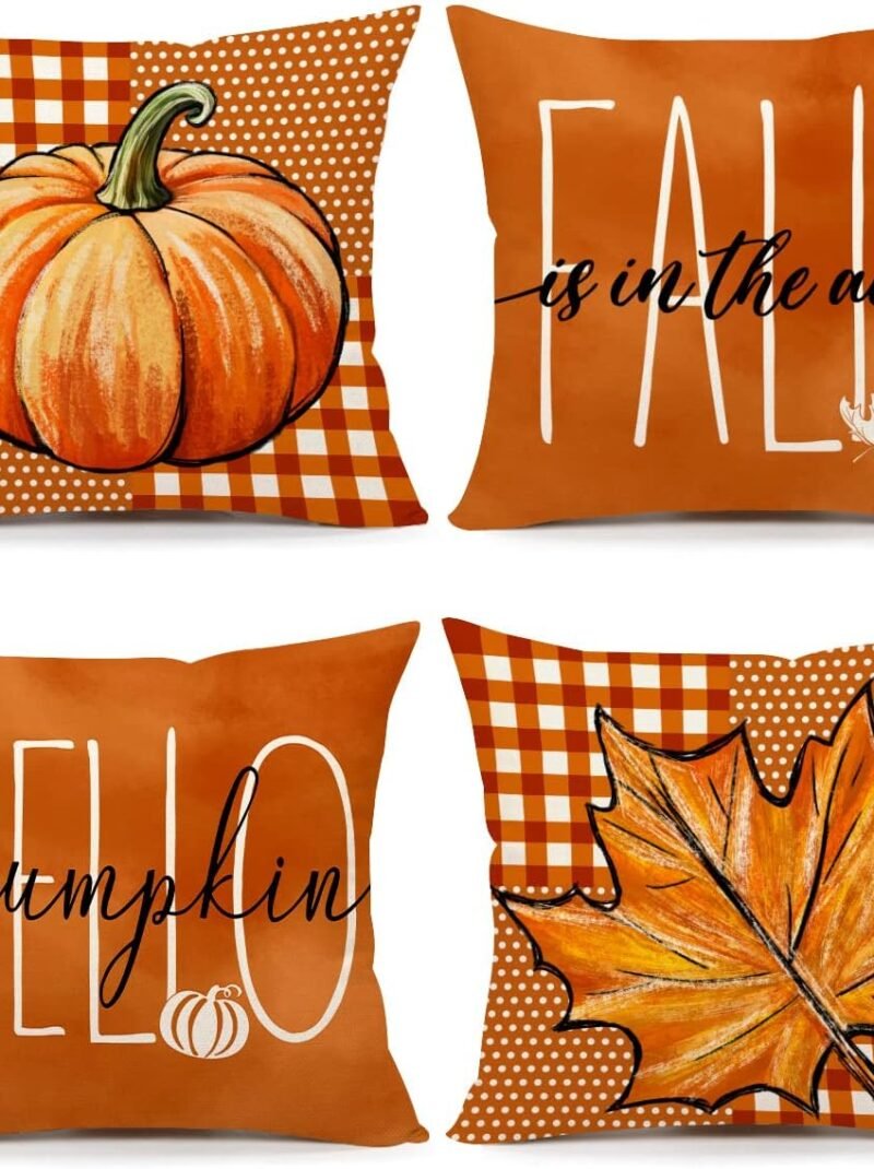 4TH Emotion Fall Decor Pillow Covers 18x18 Set of 4 Thanksgiving Buffalo Check Farmhouse Decorations Dot Orange Pumpkin Maple Leaves Outdoor Decorative Throw Cushion Case for Home Couch S23F17